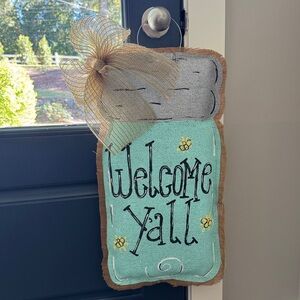 NEW Welcome Y’all Jute Welcome Sign Door Hanger ~ Mason Jar Southern South Ya’ll